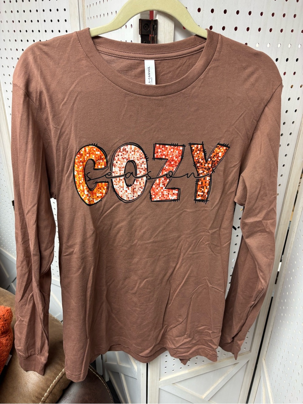 Bella Canvas Brown Long Sleeve Tee with Orange ‘COZY' Graphic